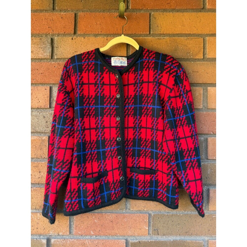 Vintage Tally Ho Plaid Sweater Wool Cardigan Coquette | Red Black | Womens Large